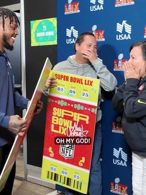 #AirForce #veterans Fred and Coco have been coming to the USAA #SaluteToService Lounge at #SuperBowl Experience for years, but have never been to the Super Bowl game — so we changed that! Josh Jacobs helped surprise them with tickets to #SuperBowlLIX, courtesy of USAA and the @NFL. And now we’re all crying. 