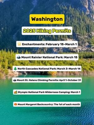 ✅️ Save this post to help plan your trip!  Dreaming of exploring Washington State's breathtaking trails in 2025?🌲🏞️ Many popular hikes require permits, and deadlines are fast approaching! Here’s everything you need to know:  🌟 Enchantment Permit Area (Okanogan-Wenatchee National Forest): Permit Required: Overnight stays from May 15 to October 31 Application Period: February 15–March 1, 2025 (Lottery System) Lottery Results: Announced March 14, 2025 Confirmation Deadline: March 31, 2025 Additional Info: Unclaimed permits become available on April 1, 2025, at 7:00 AM PT  🏔️ Mount Rainier National Park: Permit Required: Overnight wilderness camping year-round Reservation System Opens: March 15, 2025, at 7:00 AM PT Additional Info: Approximately two-thirds of permits are available for advance reservation, and the remaining are available on a first-come, first-served basis  🌲 North Cascades National Park: Permit Required: Backcountry permits are required year-round Early-Access Lottery Application: March 3–March 14, 2025 (Deadline: 9:00 PM PT) Lottery Results: Announced March 21, 2025 Early-Access Reservation Period: March 24–April 21, 2025 (Final deadline: 9:00 PM PT) General On-Sale Reservation Opening: April 29, 2025, at 7:00 AM PT (First-come, first-served) Wilderness Information Center Peak Season: May 16–October 11, 2025  🗻 Mount St. Helens Climbing Permits: Permit Required: Year-round for climbing above 4,800 feet Quota Season: April 1–October 31 (100 climbers/day) Permit Release: March 1, 2025, at 7:00 AM PT Additional Info: Off-season permits are free and self-issued at trailheads  Information continued in the comments!👇 #washington #washingtonstate #washingtontravel #washingtontrailsassociation #washingtonexplored #washingtonadventures #nationalpark #nationalparks #nationalparksusa #enchantments #theenchantments #mountrainier #mountrainiernationalpark #mtrainier #mtrainiernationalpark #mtsthelens #mountsainthelens #northcascades #northcascadesnationalpark #olympicnationalpark #backcountry #backcountrycamping #Hiking #hikingtrails #hikingtrail #permit #travelguide #travelguides #hikingtheglobe #pnw 