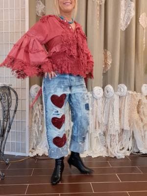 This full diy video is on my YouTube channel: tmyers handmade  #ValentinesDay #valentine 's outfit #jeans #diyjeans #upcycledjeans #art #crafts #handmade #thriftflip #upcycledclothing 