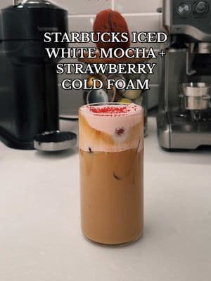 how to make the iced white mocha with strawberry cold foam from Starbucks at home 💕🍓☕️❤️🫶🏽 #icedwhitemocha #strawberrycoldfoam #starbucksvalentine #starbucksvalentinesdaydrink #ValentinesDay #valentinesdaycoffee 