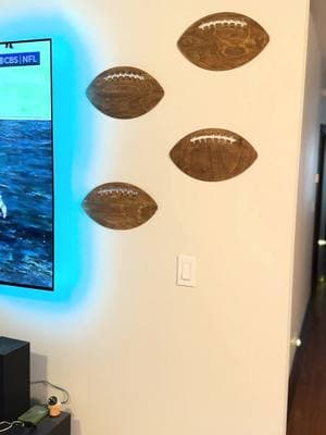 Gear up for game day with these Less Mess football man cave decorations 🏈 #Varathane #VarathaneIt #WoodStain #WoodWorking #StainColor #Football #FootballSeason #Fall #FallDecor #ManCave #ManCaveDecor #LessMess #FootballCraft #FootballDIY