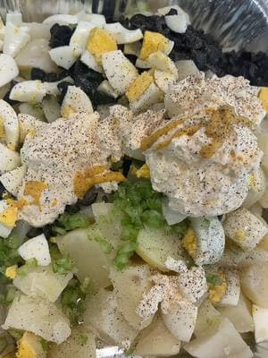 Potato salad: Potatoes, olives, celery, egg, salt, pepper, mayo, mustard(just do it), paprika #potatosalad #bbq #backyardbbq #FoodTok #fy #fyp #yummy 