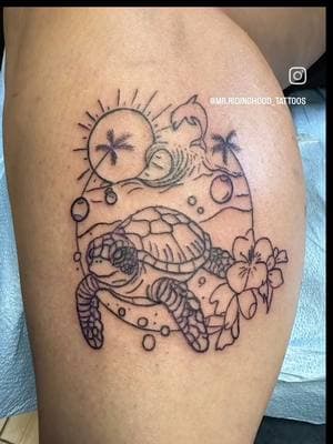 Had an awesome day doing this first session on a cool sea turtle beach scene tattoo !! It was great catching up with @heather_feather1993 I'm glad you love it I can't wait to add the color and im happy I could give you a dolphin that meant the world to me to be able to do that it was my honor!! Thank you for your trust!!🌊🐢 #apprenticeship #tattoos #mast #portfolio #seaturtle #beach #MrRidingHood_Tattoos 