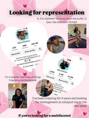 Shooting my shot! ✨🤝🏾🩷 Looking for new representation! Fun facts about me: 1. Yes, I’m Ms. C from TikTok  2. I’ve amassed over 2.5 million followers across all of my platforms 3. I love teaching so I don’t plan to leave the classroom (unless instructed by God) 4. Niches are education, fragrance, lifestyle 5. I’ve helped to grow several pages and continue to mentor others interested in content creation ✨🩷✨🖤✨🩷✨🖤 . #blackcreators #talentagency 