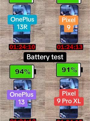 OnePlus 13 series vs Google Pixel 9 series battery test! In my battery test, Avengers is played back on a loop until the phone runs out of battery. The screen is set to full brightness, and phones are on airplane mode, with Wi-Fi and Bluetooth off. All tests are filmed with new phones that have full battery health. #Battery #BatteryTest #Tech #NewTech #CoolTech #TechBandicoot #TechTok #InstaTech #OnePlus #OnePlus13 #OnePlus13R #Google #Pixel9 #Pixel9Pro