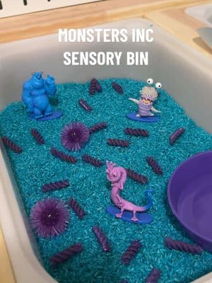 which character sensory bin should I do next? 🙃 #disneymom #sensorybin #sensorybinideas #sensoryplay #sensoryplayideas #monstersinc 