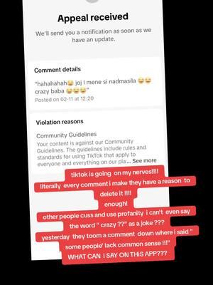 Tiktok is getting  too much ! what is going  on ? If I write a comment  in my language  99% they will take it down because  they don't understand a joke ??  the other day I left a comment  saying  that people  lack common sense and that was taken down? yet other people  get to call others names, cuss and use profanity  and when I report it they reply, no violation??? what in the double   standards  of  nonsense  is this ??? #tiktokissues  #tiktokstopthisbs  #enoughisenough 