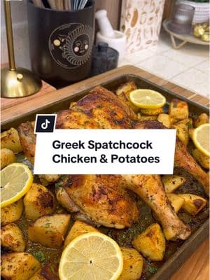 Greek ‘Marry Me’ Chicken❤️‍🔥 Recipe👇 Ingredients: 1/3 cup olive oil 1 lemon, zested and juiced 5 garlic cloves, minced 1 tsp Dijon mustard 2.5 tsp dried oregano 1.5 tsp dried thyme 1 tsp paprika 1.5 tsp salt 1 tsp black pepper 3-4 russet potatoes, peeled cut into large chunks 1 whole chicken, spatchcocked 1 lemon for serving  2 tbsp fresh parsley for serving Instructions 1. In a medium bowl, add olive oil, lemon zest & juice, minced garlic, Dijon mustard, oregano, thyme, paprika, salt and pepper. Whisk well and set aside. 2. Peel potatoes and cut into chunks. Set aside. 3. Place one whole chicken (3 to 4 pounds), breast side down, on a work surface. Pat chicken dry. Remove the backbone by starting at thigh end and use kitchen scissors to cut along one side of backbone. Then do the same to the other side of the backbone. 4. Remove backbone and discard. Flip the chicken over and press down firmly on the breastbone to flatten the chicken. 5. Transfer potatoes to a large bowl or ziplock bag. Add half the marinade and mix to coat well. Add chicken to the same big bowl and pour in the rest of the marinade. Use your hands to coat chicken in marinade and lift up the skin to get seasonings all over chicken. 6. Cover and marinate in the fridge for 1 hour or up to overnight. 7. Preheat oven to 400 F. Lightly spray a large sheet pan with nonstick spray. Transfer the chicken to the center of a large sheet pan. Arrange the potatoes all around chicken. 8. Season with more salt and freshly cracked black pepper. Place in the oven for 1 hour and check to see if cooked through (165 F) and potatoes are fork tender. Depending on size of chicken it may need 10-20 more minutes. 9. Remove from oven and let rest for 5 minutes. Slice 1 lemon into thin rounds and place throughout the pan. Garnish with chopped fresh parsley (optional for presentation). ##greekchickenandpotatoes##chickenandpotatoes##sheetpandinner##greekrecipes##greekfood##mediterraneandiet##mediterraneanfood##DinnerIdeas##dinnerrecipes##healthyrecipes