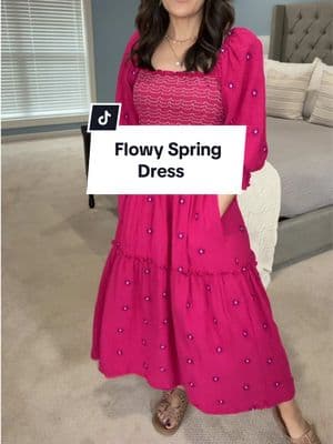 The details on this dress are shocking! I love the embroidered flowers and the smocking on this dress. I’m 5’5” 140 lbs and I’m wearing a small.  #springdresses #easterdresses #easterdress #summerdresses #flowydress #vacationdress #tiktokshoploveatfirstfind #bohodress 