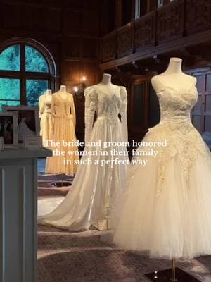 a stunning display of wedding gowns from their mothers and grandmothers 🎞️🕊️ #weddingideas #weddingcontentcreator #2025bride #weddinginspo #2025wedding 