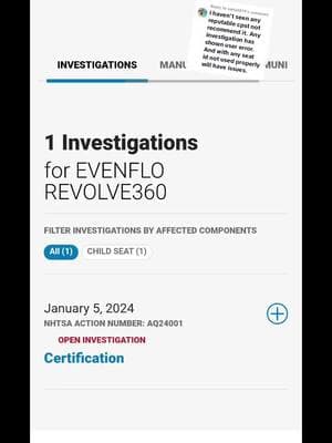 Replying to @samjd219 to each their own, but i wouldnt be comfortable putting my child in a seat that has an open NHSTA complaint for a serious defect, along with multiple fails in standard testing. but thats just me.. 😵‍💫 #evenflorevolve #evenflo #carseat #carseatsafety #yikes #recall #investigation@Evenflo Baby  response on it is just icky too. 