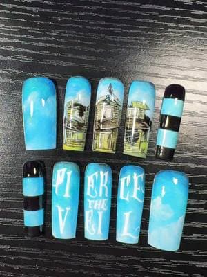 Collide with the Sky Set  Now available on my Etsy ☁️ #piercetheveil #pressonnails #ptvtok #ptv #piercetheveiltok #vicfuentes #jaimepreciado #tonyperry #emo #collidewiththesky #icanthearyou #sleepingwithsirens #emoscene #pressons #handpainted 