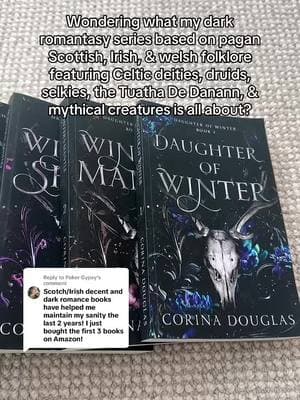 Replying to @Poker Gypsy hope this helps meet expectations ☘️  And for anyone who’s just stumbled on this post: Welcome—I write dark romantasy books based on pagan folklore. I have a few series out or in the works. The main one is called Daughter of Winter.  What to expect? ⚔️ Daughter of Winter is a slowbürn, dark fantasy romance series based on pagan Scottish, Welsh, and Irish folklore. It follows the myths and legends behind the winter goddess, Cailleach Bheur, but you’ll meet so many more deities along the way, including Morrigan, Dagda, Arawn, Cernunnos, Cerridwen, and more. You’ll also meet druids, the Tuatha de Danann, selkies, dwarves, & many other mythical creatures from the lore.  There are 7 books in the main series (book 7 still to come), and 5 complement stories on different celtic deities that are all tied up into a book called ‘Winter’s Companion’.  Spice starts in book 2 in ancient storyline, and book 4 in present storyline. Available on audio & Amazon and it’s in KU!!!! Other series include Cursed Heir, with a prequel called Cold Moon, which is based on moon mythology and pagan folklore; and The Morrigan trilogy, with Badb (the first book in the series) releasing in June.  #darkfantasy #darkfantasybooks #darkfantasyromance #fantasybooktok #fantasyromance  #romantasy #daughterofwinterseries #corinadouglasauthor #fantasyromanceseries #darkromantasy  