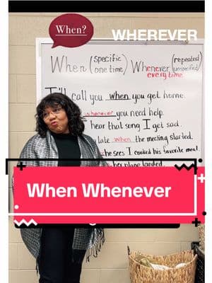 Whenever vs. ‘When When = a specific time (one-time event). Whenever = any time (repeated or uncertain). Quick Test: Substitute every time for whenever—if it works, you’re right! 	•	I smile whenever I see a dog. → I smile every time I see a dog. (Correct!) Comma Tip: 	•	Whenever at the start? Add a comma: Whenever I finish, I relax. 	•	Whenever in the middle? No comma: I relax whenever I finish. Know the difference—write with confidence! #Whenever #WhenVsWhenever #GrammarTips #CommaRules #WritingSkills #ESLLesson #LearnEnglish #GrammarHelp #EnglishLesson #TeachersOfTikTok #MiddleSchoolTeacher #WritingTips #EnglishGrammar #ESLTeacher #LanguageLearning