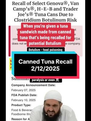 Spread the word: multiple brands of canned tuna are being recalled due to possible Botulism risk. Don’t feed your loved ones or pets canned tuna from these brands. #botulism #publichealth #recall #foodsafety #LearnOnTikTok #docsoftiktok #meme #memecut #Meme #spreadtheword 