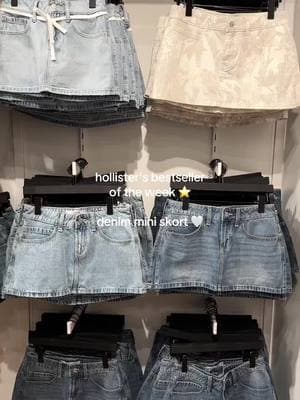 nothing hits better than a perfect denim mini skirt 💙 product details ⤵️ light wash shoelace denim mini skort: 343-483-00162-280 low-rise denim mini skort: 343-483-00163-278 camo twill mini skirt:  343-483-00164-108 #hollister #miniskirt #denimskirt #skirt #outfitideas #denim #camo 