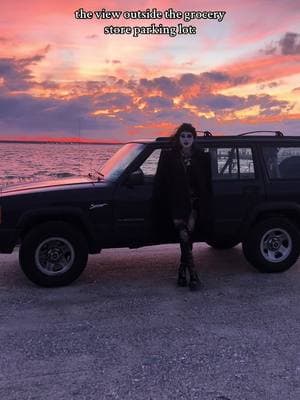 pulling over at acme to look #jeep #jeepxj #jeepcherokee #jeepcherokeexj #gothgirl #gothfashion #gothstyle #gothmakeup #tradgoth #jeeptok #tradgothfashion #gothiclife #gothlife #90scar #oldcar #sunset #nj #newjersey #jerseyshore 