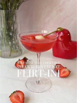 STRAWBERRY LYCHEE FLIRT-INI 🍓 💕  INGREDIENTS 2 oz vodka 1/2 oz triple sec 2 oz lychee juice - I just buy canned lychees from @dynastyfoods and use the juice the lychees are canned in! 1 oz strawberry syrup (or you can use grenadine if you need something quick!) #valentinesdayparty #lycheemartini #vodkamartini #cocktailsforyou #cocktailsandmixology 