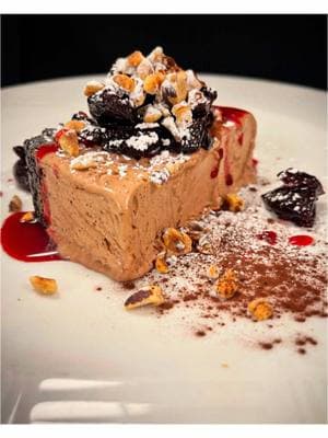 Mocha semifreddo with a brown butter chocolate cookie crust , Frangelico cherry syrup, crushed hazelnuts. Miso glazed fresh mahi-mahi, horseradish whipped potatoes, grilled bok choy, sake pear butter. #foodies #chef #cheflife #chefsoftiktok #foodtiktok #FoodTok #food #culinary #dessert #midmissouri #mizzou #ValentinesDay #Love #cherries #choclate #mahimahi #missouri 