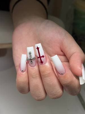 Ib: kittnail1 on rednote | Look at this design and yes I’m so proud of the cross that I drew 🤓😎😎 in love but I’d be scared if anyone else wants it LOL #nailinspo #chromenails #nycnails #ombrenails #edgynails #nailart #nycnailtech 