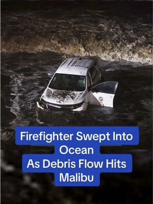 Dangerous debris flows hit wildfire burn scars in Southern California, sweeping a firefighter’s vehicle off the road. #TheWeatherChannel #fyp #weathertok #weatherchannel #weather #california #debris #flooding #malibu