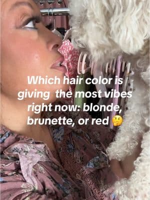 Which hair color works best for me? 🤔  #waitforit #redhairdontcare #blondes #brunettehair #foryoupage #haircolors #lipsync #surething #miguel #lipsinging #pomapootiktok #ilovemydogs 