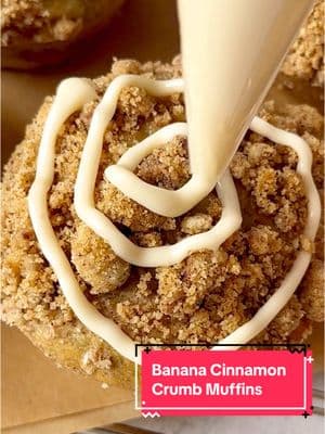 Banana Cinnamon Crumb Muffins🍌🙊☕️ These banana cinnamon crumb muffins are so soft and moist! They only take 25 minutes to bake. The maple glaze is so yummy! Full recipe below.  Ingredients: Cinnamon Crumb: * 8 tbsp unsalted butter, melted  * 1 1/4 cup all-purpose flour  * 3/4 cup light brown sugar  * 2 tbsp cinnamon  Banana Muffin: * 12 tbsp unsalted butter, melted * 1/4 cup granulated sugar  * 1/2 cup light brown sugar  * 2 eggs, room temp  * 1 1/2 tsp vanilla extract  * 3 ripe bananas, mashed  * 1 3/4 cup all- purpose flour  * 1 tsp baking soda  * 1/4 tsp salt  Maple Glaze: * 1/2 cup powder sugar * 2 tbsp pure maple syrup * 1-2 tbsp heavy cream  Directions:  * Preheat oven to 350° F.  * Grease 10 cups of a 12 cup muffin pan. This recipe makes 10 large muffins.  * Make crumb: In a medium bowl add flour, brown sugar, cinnamon and melted butter. Combine with a fork. Set aside.  * Make muffin: combine melted butter and sugars and beat with a hand mixer for two minutes till combined. Add egg and vanilla and continue to beat for two minutes. Add mash bananas and mix for one minute. Slowly incorporate dry ingredients till fully combined.  * Using a small icecream scooper pour first layer of batter into muffin pan. Sprinkle on a layer of crumb and layer with more batter and then more crumb. Bake for 25-27 minutes till golden brown.  * Make Glaze: while baking, make glaze by combining powder sugar, maple syrup and heavy cream in a small bowl, stir till smooth.  * Take muffins out of oven and let cool for five minutes and transfer to cooling rack. Let sit for additional five minutes and pipe on glaze!  #banana #bananas #muffins #muffin #moist #soft #cinnamon #swirl #food52community #crumb #coffecake #bananamuffin #bananacinnamon #bananamuffins #bananarecipes #cinnamonrecipes #saturday #baker #jumbo #drizzle #glaze #maplesyrup #breakfast #breakfastrecipes #brunch #weekendbaking #bakerystyle #EasyRecipes #SnackTime #sweet 