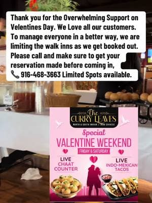 📍 6502, Lonetree Blvd, Rocklin, CA-95765 📞 Call: +1 (916) 468-3663 Visit: www.thecurryleavesrestaurant.com Love is in the air, and so is the aroma of delicious food! ❤️🌮 Join us for a Special Valentine Weekend at The Curry Leaves this Friday & Saturday! Indulge in our Live Chaat Counter and Indo-Mexican Tacos, perfect for a fun-filled celebration with your loved ones! Tag your Valentine & let’s make this weekend special! 💕 #ValentineWeekend #TheCurryLeaves #ChaatLovers #TacoTime #IndoMexican #FoodieLove #RocklinEats #ValentineVibes #WeekendSpecial #IndianFoodie #DateNight #CelebrateLove #FoodiesOfInstagram #SpicyAndSweet #RomanticEats #LoveAndFood