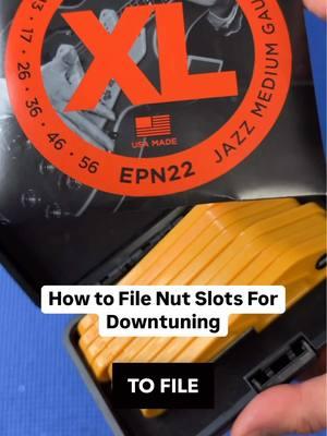 Easy Nut Slot Filing for Downtuning Your Guitar with @MusicNomad Equipment Care lot Files and @D’Addario EPN22 13-56 Strings #guitar #guitarsetup #guitartech #downtunedguitar #downtuning #musicnomad #daddario #daddariostrings 