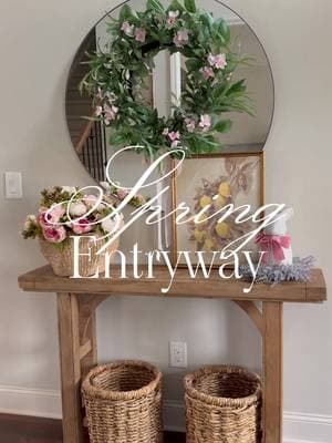 Spring entryway  Added a few touches of Spring to my console table. This woven basket comes in two sizes, lots of options to use them in any room. Love this subtle hint of yellow too🥰.  Links in bio/follow me on the LTK app.  #springtable #eastertable #entrywaydecor #entrywayideas #easterdecoration 