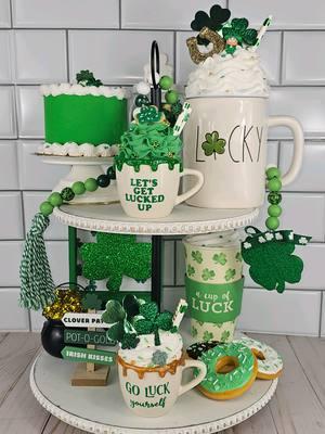 Decorate a 🍀☘️ #stpatricksdaytieredtray w/ me #stpatricksday #greatembellishments #tieredtraydecor #stpatricksdaydecor #stpatricksdaytieredtraydecor #stpaddysday2025 #leprechaunmugtopper #shamrocksign #stpatricksdayfakecake #goluckyourselfminimug #letsgetluckedupminimug