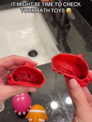 She loved her crab 😢 but over time when water sits they get disgusting! So it was time for a switch! I saw @jacque • WFH boy mom do this and knew i had too! They do make ones where water doesnt go in, but she loves that part!! 😅 #bathtoys #bathtime #toddlertoys 