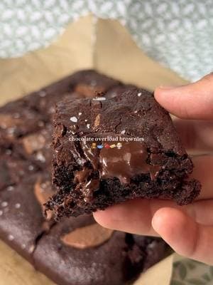 chocolate overload brownies Ingredients: - 1 + 1/4 cups sugar  - 3/4 cup all purpose flour  - 2/3 cup cocoa powder, sifted if lumpy - 1/2 cup powdered sugar, sifted if lumpy - 1/2 cup chocolate chips  - 3/4 teaspoons salt  - 2 eggs  - 1/2 cup any neutral oil or olive oil  - 2 tablespoons water - 1/2 teaspoon vanilla extract  Method:  1. Lightly spray an 8x8 pan with Pam. Or line with parchment paper. Heat oven to 325 degrees Fahrenheit.  2. In a bowl mix the sugar, flour, cocoa powder, powdered sugar, and salt. Sift this.  3. In a large bowl, whisk the eggs, oil, water, and vanilla. 4. Mix the dry ingredients into the wet. Then add the chocolate chips and fold until just combined. 5. Pour the batter into the prepared pan and smooth around. Top with some extra chocolate if you like.  6. Bake for 35-40 minutes, or until a toothpick comes out with only a few crumbs.  7. Remove from oven and let cool completely before cutting.   Recipe by: loveandlemons #fyp #baking #bakingrecipe #EasyRecipe #brownies #brownie #brownierecipe #smallbatch #minibatch #smallbatchbrownies #Foodie #chocolate #chocolaterecipe #fypシ #bakingbrownies #easybrownies #easybrownierecipe #chocolatelover #simplebaking 