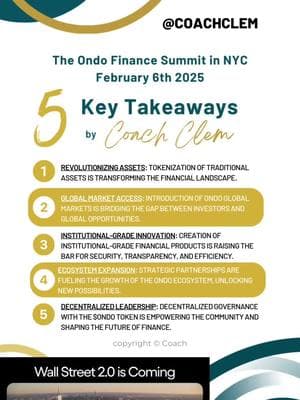 🚨🚨 ONDO SUMMIT 2025 🚨🚨 The Ondo Summit in New York City was a gathering of leaders from the traditional finance and blockchain industries. The summit took place on February 6, 2025.  ✅ What was discussed? Tokenization: The growing interest in tokenization from the traditional financial industry  - Ondo Chain: A new blockchain that will support institutional-grade financial markets  - Ondo Global Markets: A tokenization platform that will bring publicly traded securities onchain  - DeFi 2.0: A panel discussion that explored how Wall Street and blockchain can meet  ✅ Who attended?  Speakers Included representatives from Blackrock, Franklin Templeton, Chainlink, Uniswap Labs, Ripple, and Blockdaemon Advisors Included representatives from Wellington Management, WisdomTree, Google Cloud, ABN Amro, Aon, and McKinsey ✅ What was announced? Ondo Finance announced the launch of Ondo Chain, a Layer 1 blockchain network  Ondo Finance announced that several institutions are joining the Ondo Ecosystem  ✅ What was the goal? To bridge the worlds of traditional finance and decentralized finance  #ondofinance #ondocrypto #crypto #cryptocurrency #cryptoinvesting #cryptoinvestor #cryptoinvestment #cryptoinvestingtips #cryptoadvice #adviceforcrypto2024 #cryptotips #cryptotips2024 #howtoinvestinrealestate #cousincrypto #cryptomining #cryptomonnaie #cryptotok #womencryptoclub #femmecrypto #cryptocoach #cryptocoaching #cryptoproject #cryptojobs #cryptoopportunity #cryptowomen #cryptogirlfriend #cryptoworld #cryptoworldwide_ #cryptomovers