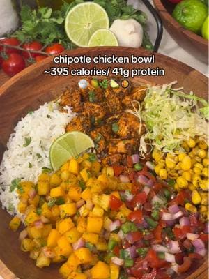 easy at-home chipotle chicken bowl🥭🍚🍋‍🟩 ~395 calories / 41g protein🌿 recipe below: pineapple mango salsa: -1/4 cup diced pineapple -1/4 cup diced mango -1 tbsp red onion -1/2 tbsp jalapeño -1/2 tbsp cilantro -juice from 1/2 lime (optional) -chile lime seasoning -makes one serving  pico de gallo: -1/2 cup diced tomatoes, seeds removed -1/4 cup diced red onion -1 tbsp jalapeño  -1/2 tbsp cilantro -juice from 1/2 lime -salt & pepper  -makes one serving  corn: -heat up 1/3 cup Trader Joe’s fire roasted corn in a skillet with olive oil spray on medium heat. -Season with ”everything but the elote” seasoning  Chipotle chicken: -cube 150g boneless, skinless chicken breast -seasoned with 1 diced Chipotle pepper (or 1 tbsp chipotle pepper purée), 1/2 tbsp cilantro, garlic powder, onion powder, paprika, salt, and pepper -cook chicken in a cast iron skillet on medium/high heat in light olive oil spray  cilantro lime rice: -add 1/2 tbsp chopped cilantro and the juice from 1/2 a lime to 1/2 cup cooked white rice. Add light salt  whole recipe makes one serving! #EasyRecipe #DinnerIdeas #chipotlechicken #fyp #lowcalorie #lowcarbrecipes #highproteinmeals #quickrecipes #fory #chipotlebowl #highprotein #dinner #traderjoes #mealideas #healthyrecipes #healthyfood #Recipe #recipesoftiktok  ##creatorsearchinsights