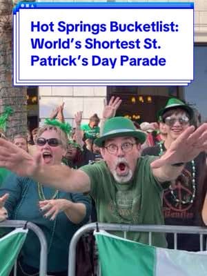 ✔️📝 The greenest, shortest, #HotSpringsBucketlist yet! ☘️ It’s the World’s Shortest St. Patrick’s Day Parade, held every year on March 17 in historic downtown Hot Springs, Arkansas!  🌈 Every year we march 98 feet down the world’s shortest street in daily operation in celebration of St. Patrick’s Day full of unique floats, celebrity guests, and live concerts for one SHORT party jam-packed with FUN!  Plan your visit to Hot Springs for the World’s Shortest St. Patrick’s Day Parade, welcoming special guests Valerie Bertinelli and Flavor Flav for this year’s First Ever 22nd Annual World’s Shortest St. Patrick’s Day Parade!  #fyp #foryoupage #stpatricksday #parade #hotspringsarkansas #arkansas #hotspringsnationalpark #VisitHotSprings #SoakItUp #ShortestStPats 