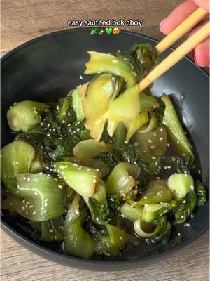 Sautéed bok choy🤭 ingredients - 1 tbsps of olive oil  - 2 green onions; chopped  - 1 tsp of ginger puree - 1 tbsp of minced garlic  - 1 pound of baby bok choy  - 1 tbsp of soy sauce  - 1 tbsp of honey  - 1 tbsp of water  - 1/2 tbsp of rice wine vinegar  - salt to taste  - sesame seeds for garnish  Start by cutting the ends of the bok choy and separating the leaves; if desired. Then  wash and dry.  Then to a large pan, add oil, minced garlic, ginger and green onions. Saute for a minute or two. Then add in bok choy and coat in the garlic, ginger and green onions.  Add in soy sauce, honey and water then mix. Cover and let the bok choy cook down until wilted 4-5 min. Then remove lid and add in rice wine vinegar; mix.  Then serve and top with sesame seeds.  #bokchoy #sauteedbokchoy #10minvegetablesidedish #easysauteedvegetables #asian #sidedishes #sidedishrecipes #EasyRecipes #fyp #viral #foryou 