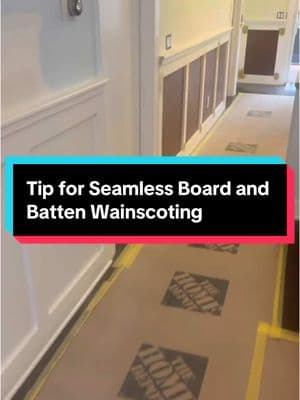 Tip for Seamless Board and Batten Wainscoting We talk about building a seamless board and batten style wainscoting. We use Bondo wood filler to fill the seams, sand it smooth, prime with KILZ, and apply two coats of semi-gloss trim enamel to get a continuous, professional-looking finish. #wainscoting #boardandbatten #woodfiller #homeimprovement #renovation #constructiontiktok #protips #contractorlife 