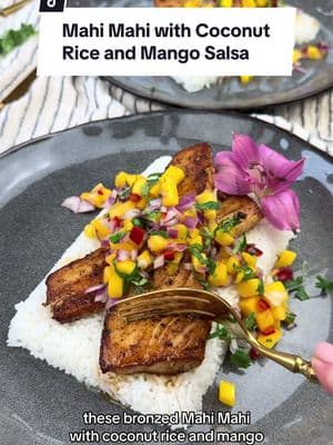 Bronzed Mahi Mahi with Coconut Rice and Mango Salsa- hang loose and chef it up at home! 😋😋 Ingredients:  4 pieces Mahi Mahi  1/4 cup olive oil  1/2 tsp salt  1/2 tsp paprika  1/4 tsp garlic powder  1/4 tsp chili powder  1/4 tsp black pepper  Coconut rice: 1 cup jasmine rice  1 cup water  1/2 cup coconut milk  1/2 tsp salt  Mango Salsa  1 mango, ripe  1/3 Fresno chile  1/4 red onion  1 tbs cilantro  1 lime, juiced  1/2 tsp salt  Method:  1. To make your coconut rice- add all ingredients to a rice cooker;  2. For the mango salsa peel and chop your mango, onion, Fresno chili and cilantro, season with lime juice and salt and mix well;  3. Pat dry Mahi Mahi and season with olive oil and all the spices above; cook on a skillet for about 2 minutes per side;  4. Assemble and enjoy!  #mahimahi #coconutrice #mangosalsa #seafoodlovers #recipeshare