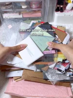 clean up after kpop mail with me! this is like 3-4 months of photocard mail   #kpop #kpopfyp #photocard #kpoppc #kpopcleaning #kpoporganizing #kpopmailtime #kpopsleeves #kpoptoploader #kpopcleanup #yeonmim 