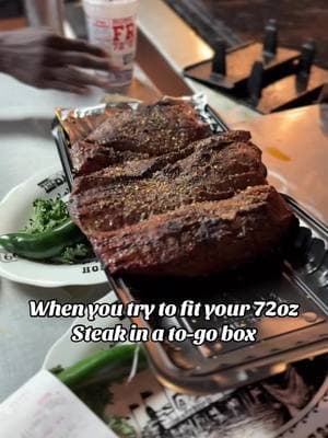 Trying to fit a 72oz Steak in a to-go box at the Big Texan in Amarillo Texas! 🥩😂 #bigtexan #amarillo #texas #thingstodoinamarillo #amarillorestaurant #amarillosteaks #route66 #steakchallenge #72ozsteak #eatingcompetition @Explore Amarillo  