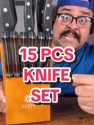 This ASETY 15 Piece Knife Set has every knife for any cut! #15pieceknifeset #kitchenknifeset #knifeset #knifeblock #steakknife #breadknife #slicingknife #chefknife #knife #knives 