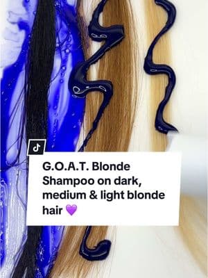 We tried our new and improved G.O.A.T. Blonde Shampoo on dark, medium and light blonde hair to show you what the results will look like! 💜 The strong purple pigment cancels out yellow tones in blonde hair level 8-10. Formulated with nourishing ingredients like Hemp Seed Oil, Argan Oil and Hyaluronic Acid so your strands are also hydrated and soft. #pallure #greatestofalltones #blondeshampoo #purpleshampoo #noyellow #purpleshampooonbrownhair #purpleshampoohack #hairtok #toninghair #blondehaircare 