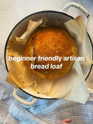 Beginner friendly no-knead artisan bread recipe 💌 also who can guess the show I’m watching in the background lol  Ingredients * ﻿﻿3 ½ cups (440g) bread flour * ﻿﻿1 ½ teaspoons (9g) fine sea salt * ﻿﻿2 teaspoons (7g) instant yeast * ﻿﻿1 ½ cups (360g) warm water (110°F/43°C) * ﻿﻿½ teaspoon honey  * In a large bowl, whisk together flour, salt, and instant yeast. * ﻿﻿Add warm water (110°F) and stir until a sticky dough forms. * ﻿﻿If using honey and/or olive oil, mix them into the water first. * Cover the bowl with plastic wrap or a damp towel. * ﻿﻿Place it in a warm spot (around 80-85°F/27-29°C). A turned-off oven with the light on works well. * Let it rise until doubled and bubbly (about 1.5-2 hours). * Lightly flour a surface and gently shape the dough into a ball. * ﻿﻿Place it seam-side down on parchment paper. * Cover with a towel and let it rest for 30-45 while preheating the oven. * Place your Dutch oven (with lid) in the oven and preheat to 450°F (230°C). * Once ready, place the dough (on parchment) into the hot Dutch oven. * ﻿﻿Cover and bake for 25-30 minutes. * ﻿﻿Remove the lid and bake for another 10-15 minutes until deep golden brown. * Let it cool on a rack for at least 30 minutes before slicing. #creatorsearchinsights #breadrecipe #homemadebread #easybread  #breadtok #bread #breadmaking #artisanbread #artisanloaf #easybreadrecipe #fypage #BakeWithMe #baking #baketok 