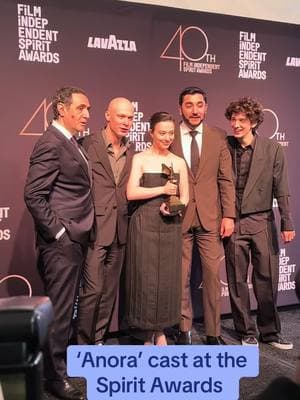 The #anora cast poses together after their big wins at the #spiritawards 